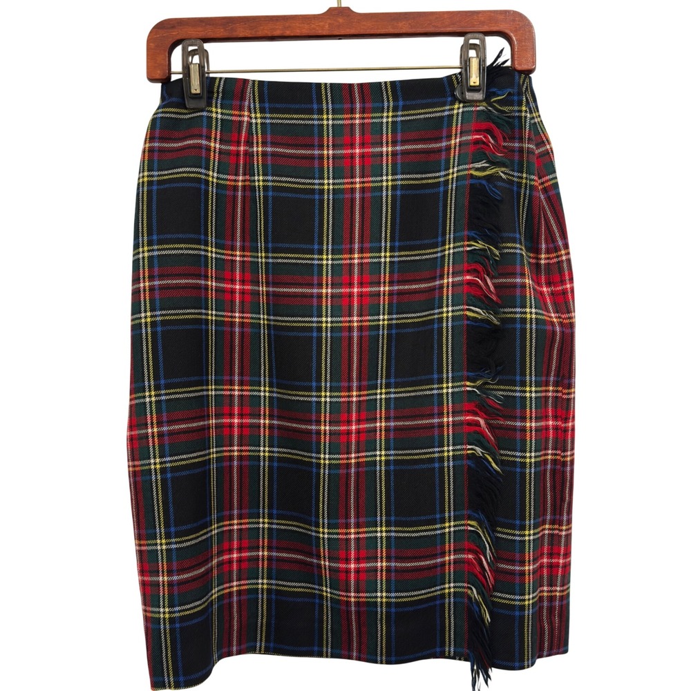Rafaella 100% Wool Tartan Pencil Skirt Fringe Faux Wrap Kilt Dark Academia 10